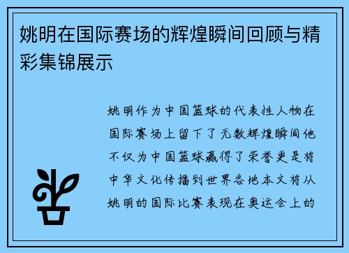 姚明在国际赛场的辉煌瞬间回顾与精彩集锦展示